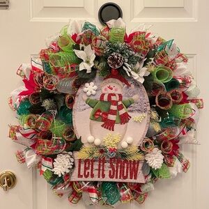Christmas Snowman Deco Mesh "Let It Snow," Door Wreath 25”